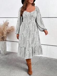 SHEIN VCAY 大码度假方领灯笼袖连衣裙秋冬时尚新品，法式女装 - 白色 - 查看 6