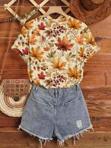 SHEIN LUNE Casual Maple Leaf Print Crew Neck Short Sleeve Loose T-Shirt For Women, Suitable For Autumn - White - View 2