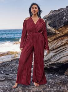 SHEIN VCAY Mono de talla grande con otoño/invierno con escote halter atado, manga larga, cintura ceñida, plisado y pierna ancha, para fiestas y días festivos en color vino tinto