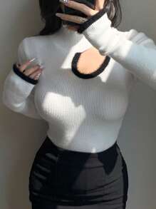 DAZY Women Contrast Color Splicing Hollow Out Turtleneck Pullover Sweater,Fall Clothes