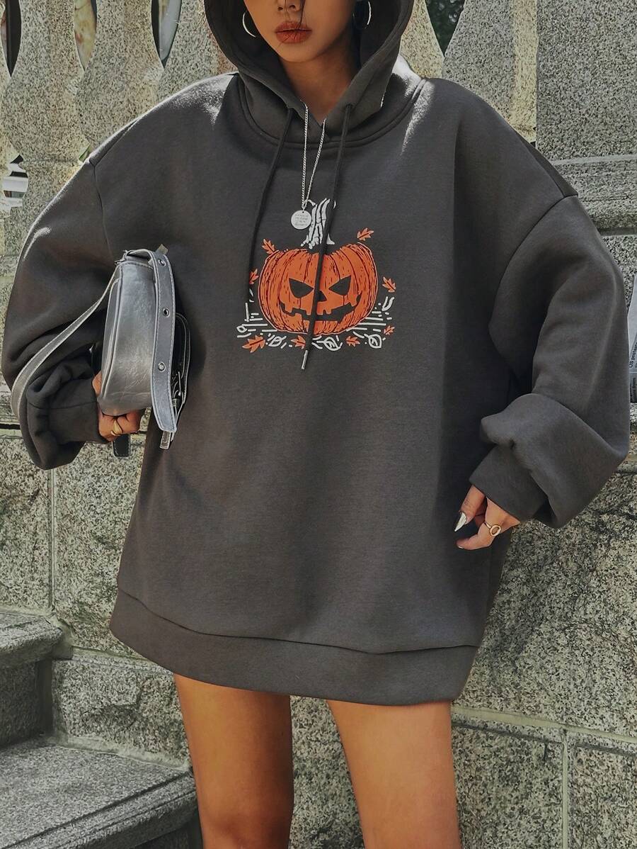 DAZY Oversized Thermal Lined Hooded Women Sweatshirt With Pumpkin Halloween Print,Fall Women Clothes Hoodies - Grey - View 1