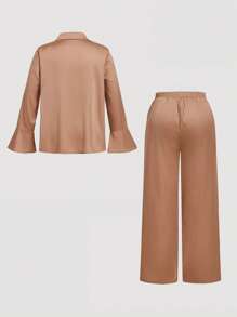 SHEIN MOD Plus Size Retro Sweet Solid Color Lace-Up Trumpet Sleeve Shirt And Trousers Two-Piece Set - Coffee Brown - View 2