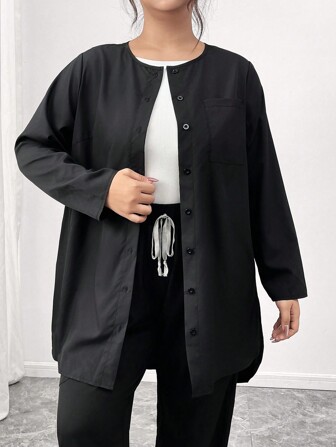 TaskEZ Plus Size Effen Kleur Voorkant Knoop Losse Scrub Uniform Jas