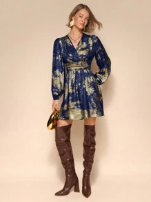 Calvaya Vestido corto casual, vintage y elegante de mujer con cuello en V, manga larga y pliegues