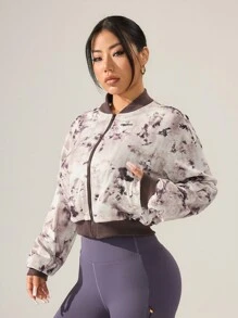 Easithlete Tie-Dye Print Zip Up Loose Fit Long Sleeve Sports Jacket - Brown - View 1