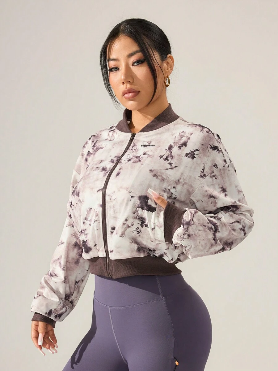 Easithlete Tie-Dye Print Zip Up Loose Fit Long Sleeve Sports Jacket - Brown - View 1