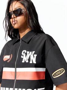 SUMWON WOMEN Punk Boxy Zip Through Graphic Shirt