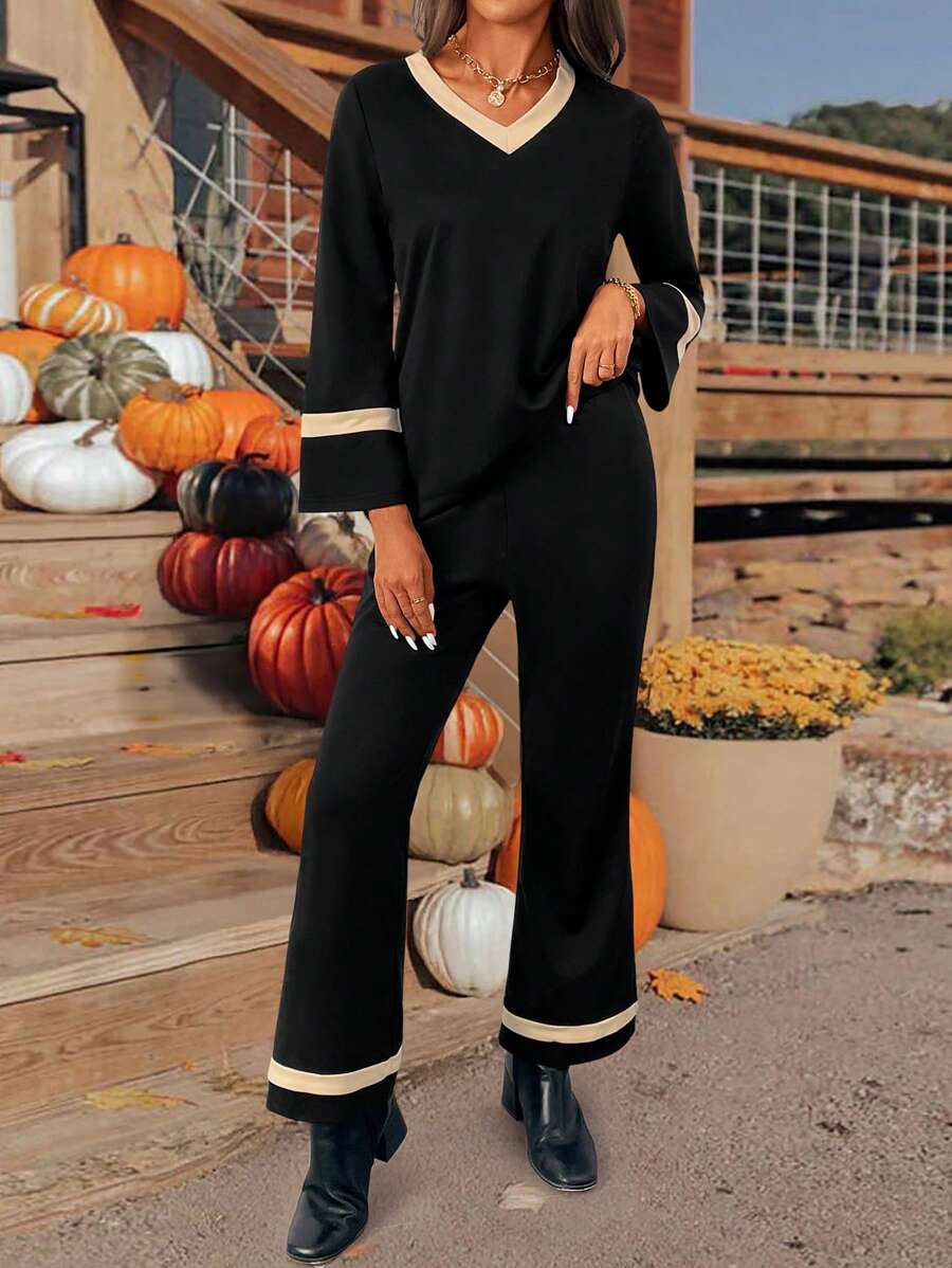 INAWLY 2 件套女士秋季 V 领长袖上衣和喇叭裤休闲装 - 黑色 - 查看 1