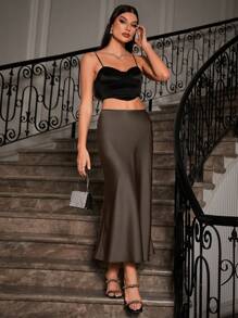 Glamine Women's Solid Color Casual Skirt, Minimalist Style For Daily Wear Maxi Satin Women Outfit