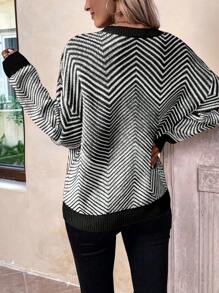 SHEIN LUNE Women Casual Herringbone Pattern Dropped Shoulder Sweater, Suitable For Autumn And Winter Knit Pullover Fall - Black and White - View 2