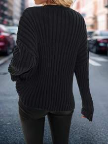 SHEIN LUNE 1pc Women Solid Color Loose Ribbed Comfortable Pullover SweaterKnit PulloverFall Winter Outfit
