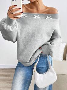 INAWLY 女士蝴蝶结露肩长袖休闲运动衫 - 淺灰色 - 查看 4