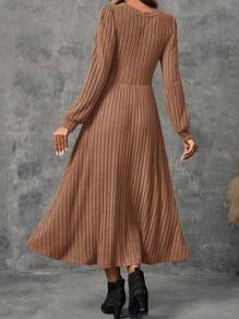 SHEIN LUNE 圆领、长袖、灯笼袖、大裙摆长裙、中长款女装、秋季女装、冬季女装 - 咖啡棕 - 查看 2