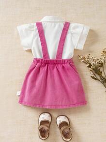 SHEIN Baby Girl Summer Denim Suspender Skirt And Solid Simple Ruffle Trim Top 2-Piece Set - Pink - View 2