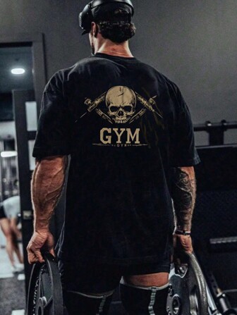 Manfinity Sport PWRUP 男友风格男士休闲圆领短袖骷髅印花简约 T 恤，日常穿着，适合健身房锻炼上衣，透气万圣节派对健身上衣