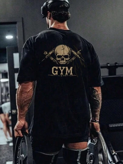 Manfinity Sport PWRUP Boyfriend-Stil Herren Lässig Rundhals Kurzarm Totenkopf Muster minimalistisches T-Shirt, Alltagskleidung, für Gym Workout Tops atmungsaktiv, Halloween Party