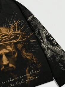 ROMWE MEN Street Life Men's Jesus Graphic Print Pullover Sweatshirt, Casual For Spring And Summer