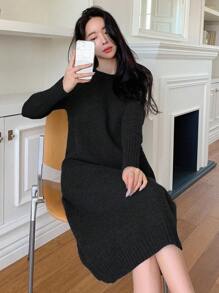 DAZY Women Solid Color Crew Neck Sweater Dress, Casual For Daily Wear, Autumn/Winter,Fall Women Clothes