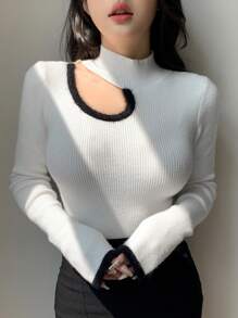 DAZY Women Contrast Color Splicing Hollow Out Turtleneck Pullover Sweater,Fall Clothes
