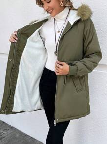 EMERY ROSE Women Fluffy Patchwork Hooded Padded Coat Coat, Winter - Army Green - View 9