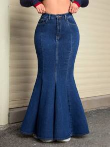SHEIN EZwear Women Casual Fashionable All-Match Denim Skirt With Fishtail Hem, Autumn