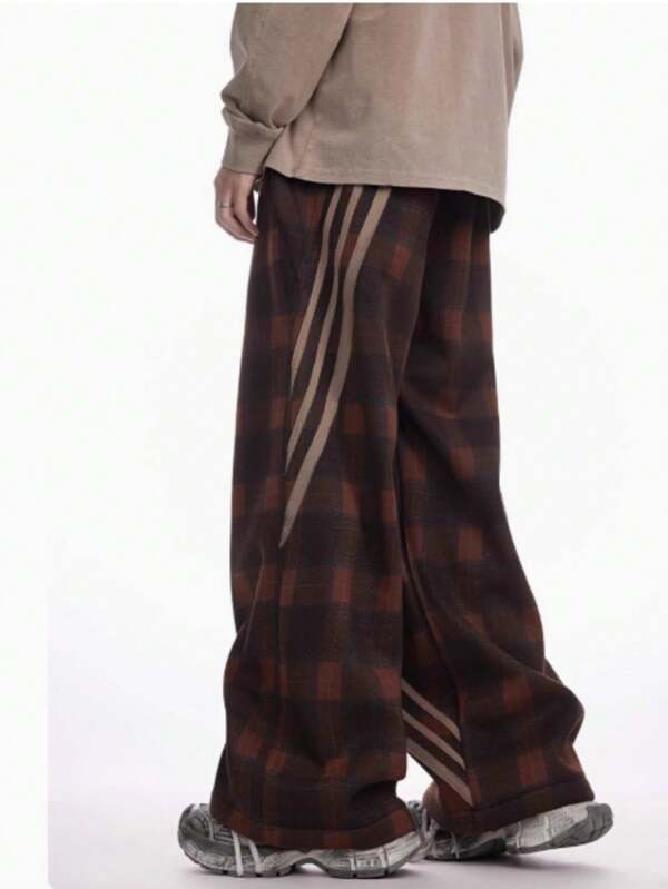 SHEIN Teens Retro Plaid Print Patchwork Triple Stripe Design Wide Leg Palazzo Pants