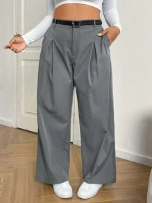 SHEIN EZwear Quần âu xám đơn giản thường ngày cho nữ cỡ lớn - Màu xám đen - Xem 3