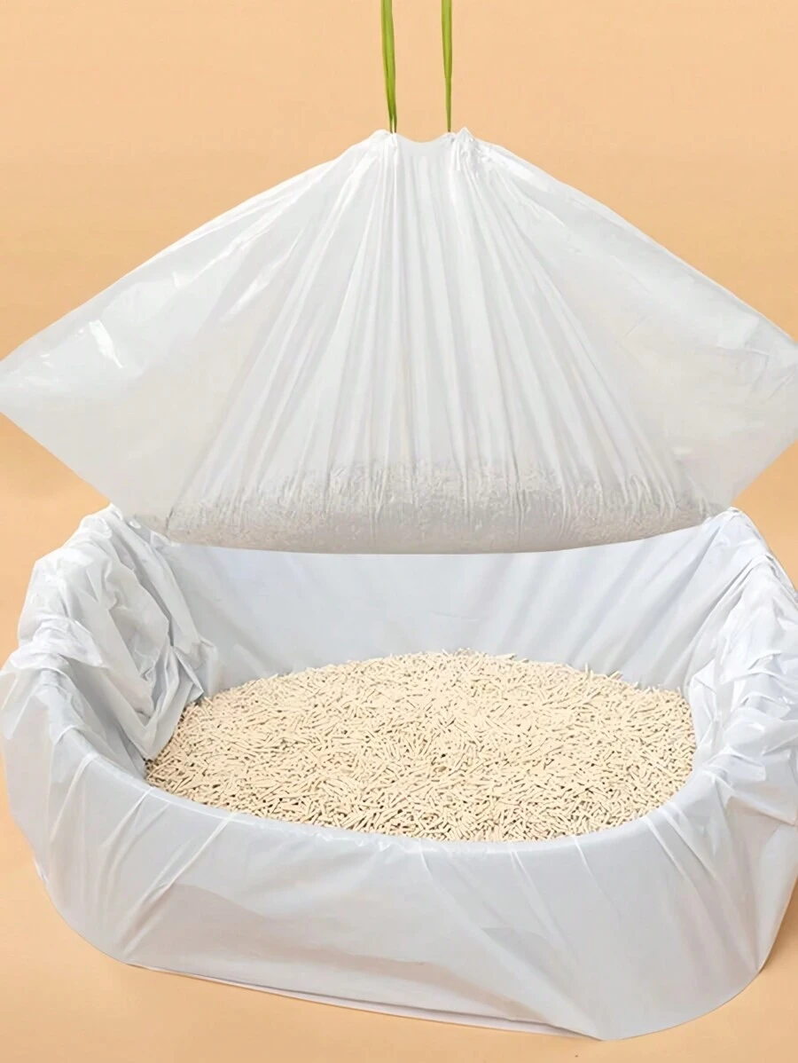 10PCS Extra Large Durable Scent Proof Drawstring Cat Litter Waste Bags Leakproof Tear Resistant Odor Control Refill Rolls For Kitty Litter Box Disposal Pet Supplies Home Essentials Gifts - White - View 1