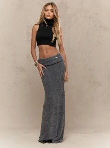 MISSGUIDED Ribbed Knit Folr Waist Maxi Skirt Winter Fall Casual Sweater Bottom Cozy Seasonal Fitted Comfortable Lounge Streetwear - Light Grey - View 5
