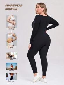 1pc Plus Size Women Seamless High Waist Slimming Jumpsuit With Long Sleeves - Black - View 2
