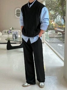 DAZY Men's Solid Color Simple Knit Sleeveless Vest, Casual For Daily Wear, Fall Clothes Business Attire - Black - View 6