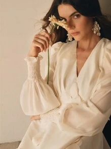 Anewsta Vestido Longo Sólido com Manga Longa e Aplicação Floral em Decote em V, Conjunto Mulheres - Damasco - Visão 6