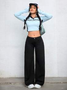 SHEIN ICON Women's Front Button Pocket Simple Casual Denim Pants - Black - View 6