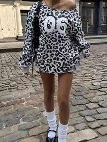 Muchica Áo nỉ cổ tròn họa tiết da báo đơn giản dành cho nữ, phù hợp cho mùa thu - Nhiều màu - Xem 6