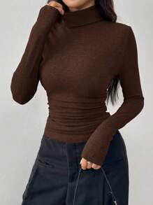 SHEIN EZwear Women Autumn Minimalist Solid Color Ruched Slim Fit T-Shirt - Brown - View 7