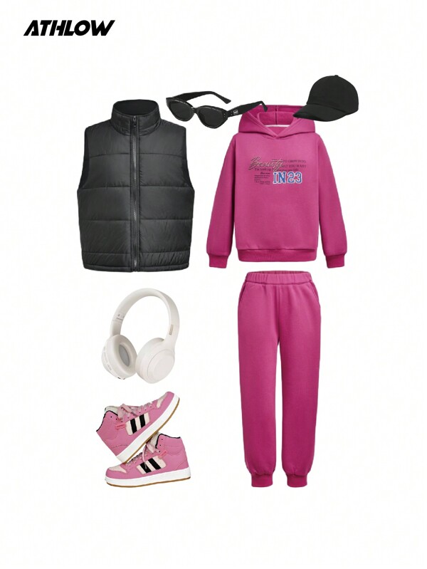 SHEIN 2pcs/3pcs Teenage Girls Hoodie Sweatshirt & Sports Pants Set, Quick Dry Breathable Fitted Fashion Campus Style Varsity Letter Print Warm Outfit, Multi-Matching Line Simple Design