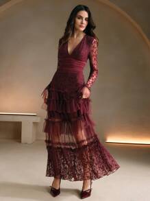 Anewsta Women's Black V-Neck Lace Long Cocktail Dress For Party Events Burgundy Maxi Women Outfit
