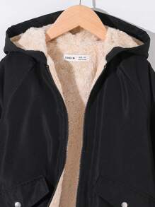 SHEIN Áo khoác dài có mũ trùm đầu thoải mái giản dị cho bé gái tuổi teen có túi lớn, lớp lót sang trọng - màu đen - Xem 4