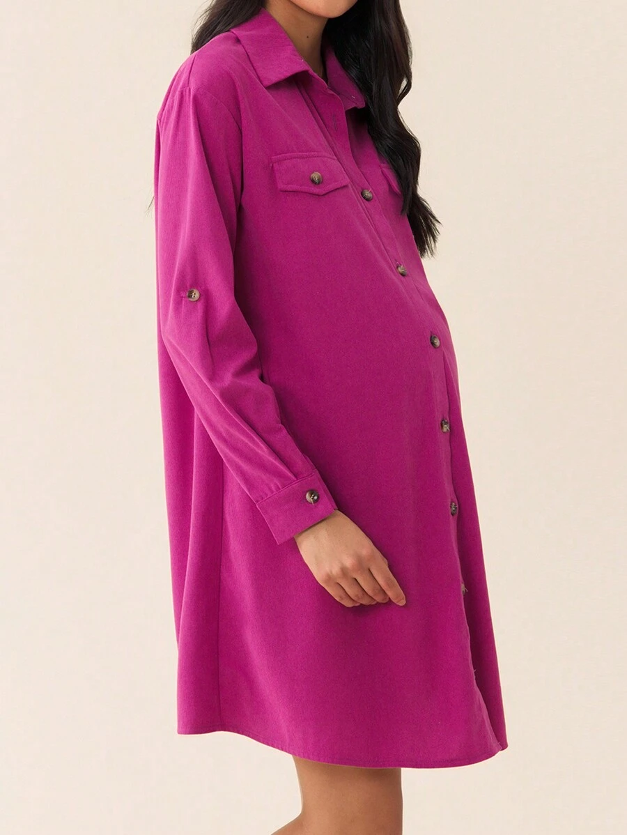 SHEIN Robe longue à manches longues en velours côtelé magenta avec boutons avant et ourlet à franges, pour la grossesse, printemps et automne - Rose bonbon - Voir 1