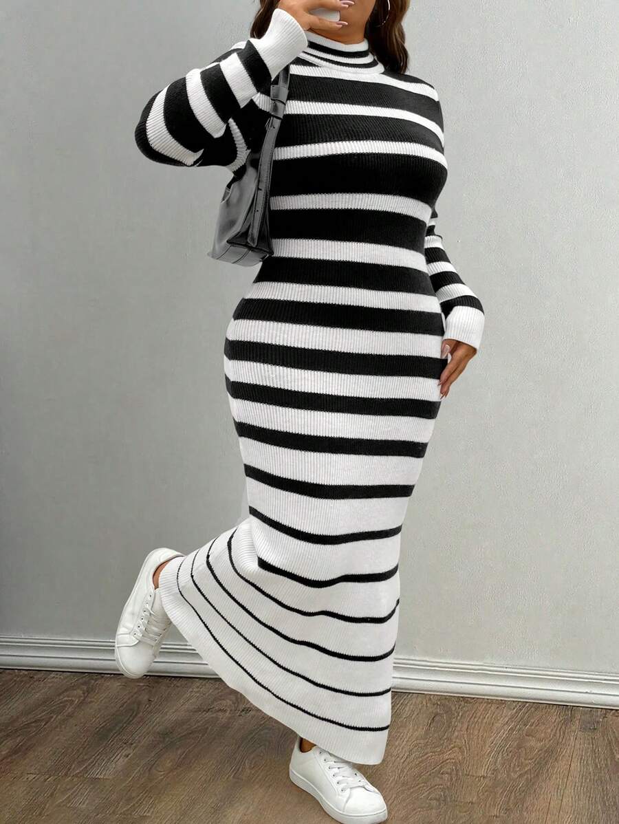 Flirla 大码立领长袖条纹简约长款毛衣裙，休闲修身，适合冬季 - 黑與白 - 查看 1