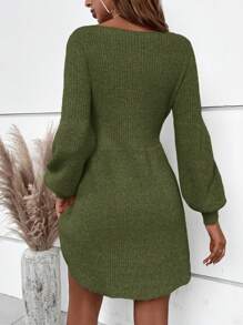 SHEIN Clasi Vestido de punto con mangas farol de cuello redondo y unicolor, para mujer, para otoño/invierno