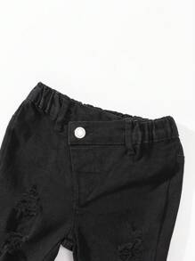 Young Girl Elastic Waist Personalized Oblique Design Distressed Ripped Denim Flare Pants - Black - View 5