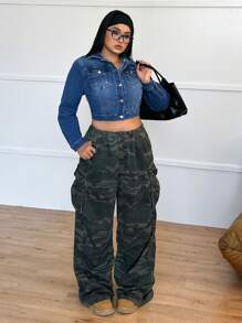 SHEIN Essnce 加大码翻盖口袋纽扣前牛仔夹克镂空服装圣诞女装感恩节女装返校节冬装牛仔女装羊毛 - 藍色 - 查看 3