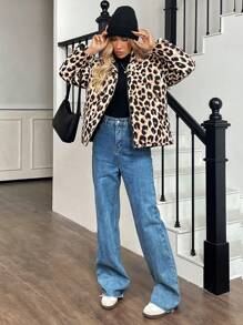 SHEIN LUNE Abrigo de mujer con cierre frontal, manga larga, estampado de leopardo, acolchado minimalista, para uso casual diario - Multicolor - Ver 4