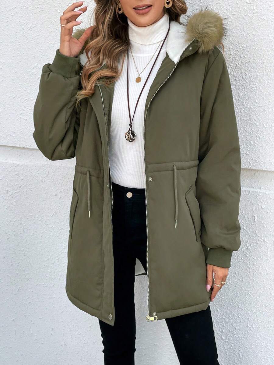 EMERY ROSE Women Fluffy Patchwork Hooded Padded Coat Coat, Winter - Army Green - View 1