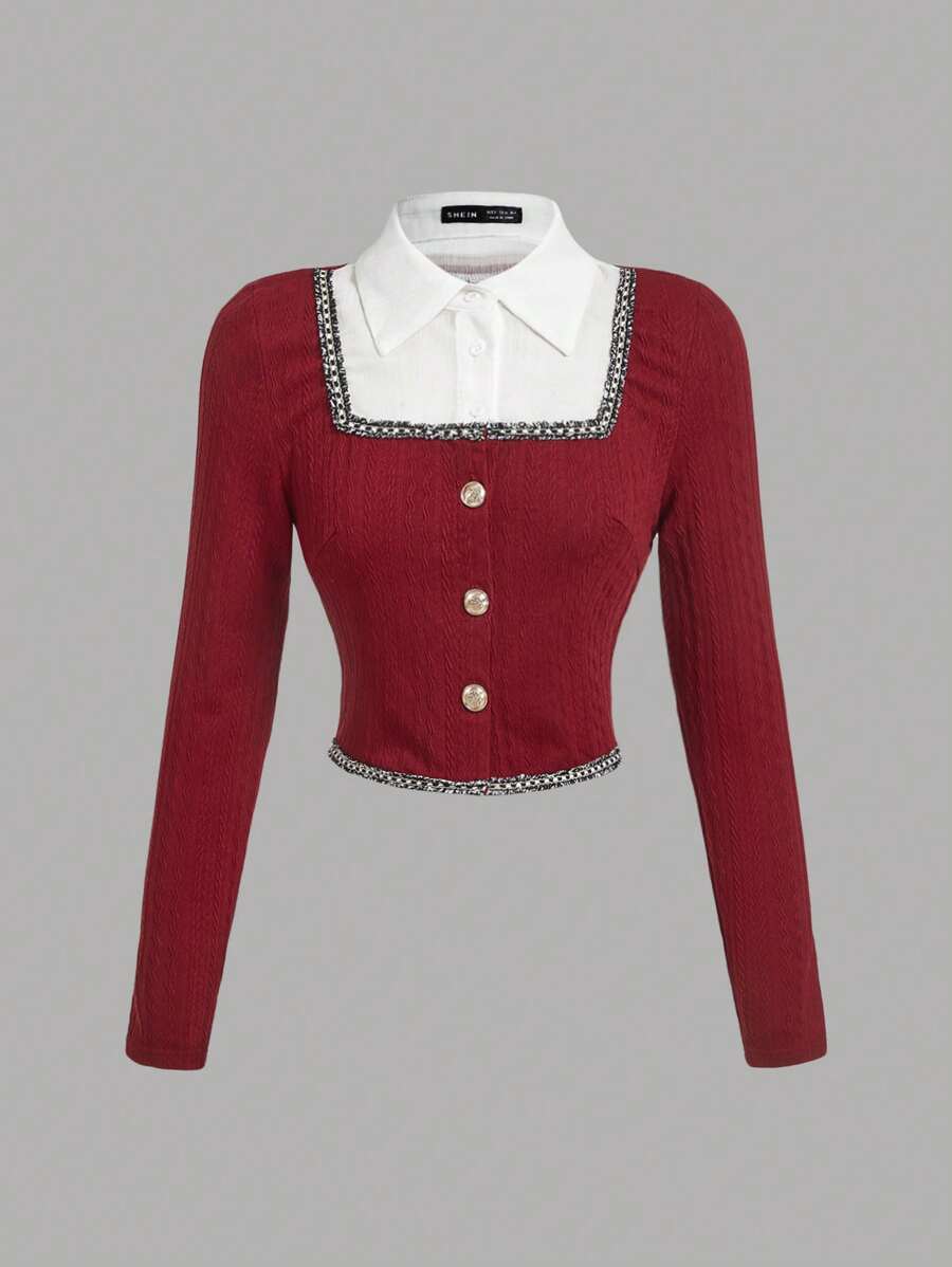 SHEIN MOD 1pc Collared Contrast Splice Fitted Elegant Commuter Shirt, Long Sleeve - Burgundy - View 1
