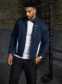 Manfinity Fitness 1 Set Boyfriend Style Men Color-Block Zipper Front Long Sleeve Shirt And Pants Racing Suit, Minimalist Style