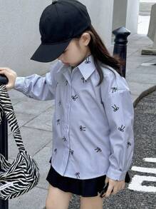 Dazy Kids Young Girl Butterfly Print Long Sleeve Single-Breasted Casual/Business Shirt, Autumn