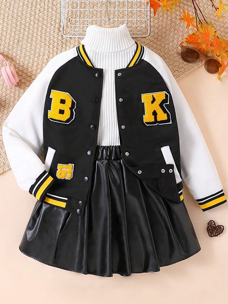 SHEIN Explorewe Bộ 2 áo khoác và váy chắp vá màu tương phản thường ngày cho bé gái tuổi teen mùa thu/đông - màu đen - Xem 1