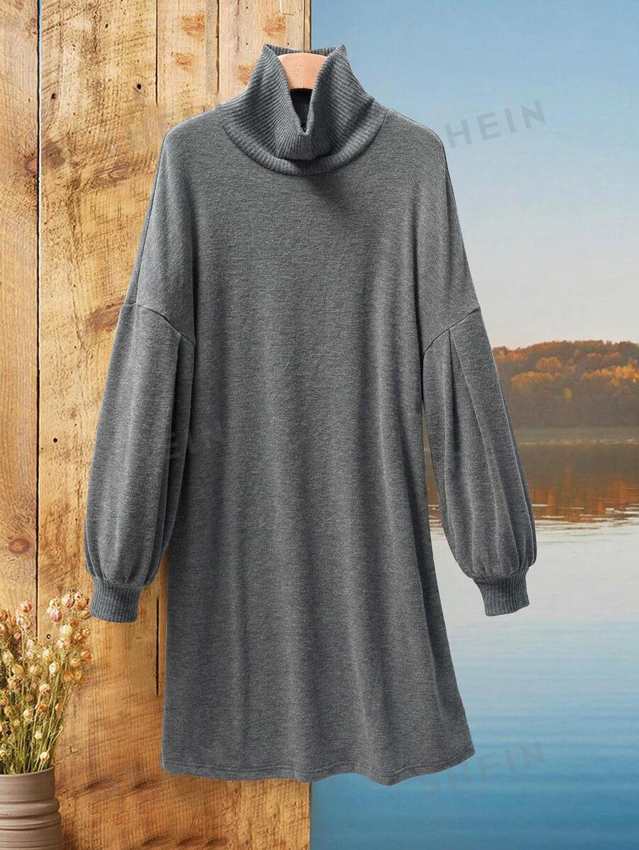 EMERY ROSE Vestidos grises de otoño, ropa de maestra, jerseys de mujer, jersey de cuello alto, vestido corto de mujer